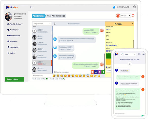 Imagem ilustrativa do chat maxbot, ambiente de atendimento nas versões desktop e mobile