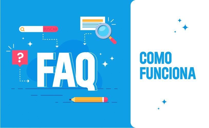 Imagem com metade do fundo azul, metade branco escrito "Como funciona o FAQ?"