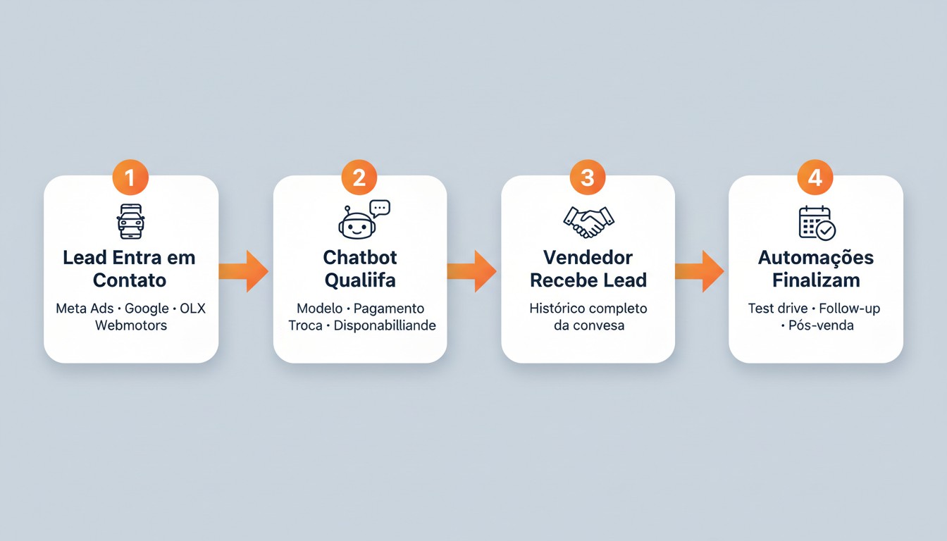 Fluxograma da jornada automatizada do lead de concessionária via WhatsApp: captação, qualificação, test drive e pós-venda