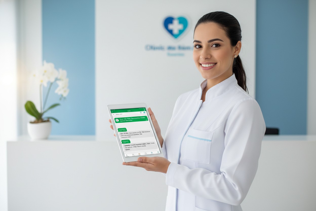 WhatsApp para clínicas e hospitais: recepcionista usando tablet com automação de atendimento via Maxbot