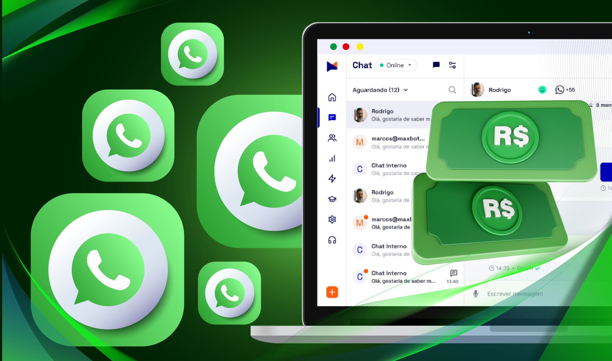 Plataforma Maxbot e referências visuais ao WhatsApp e à dinheiro.