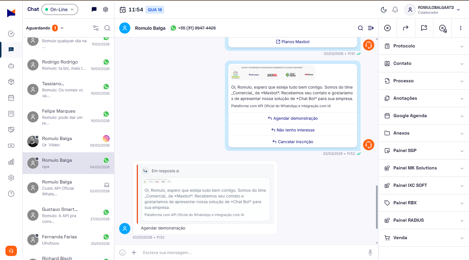 WhatsApp para instituições de ensino — tela de atendimento Maxbot com comunicação com pais e responsáveis