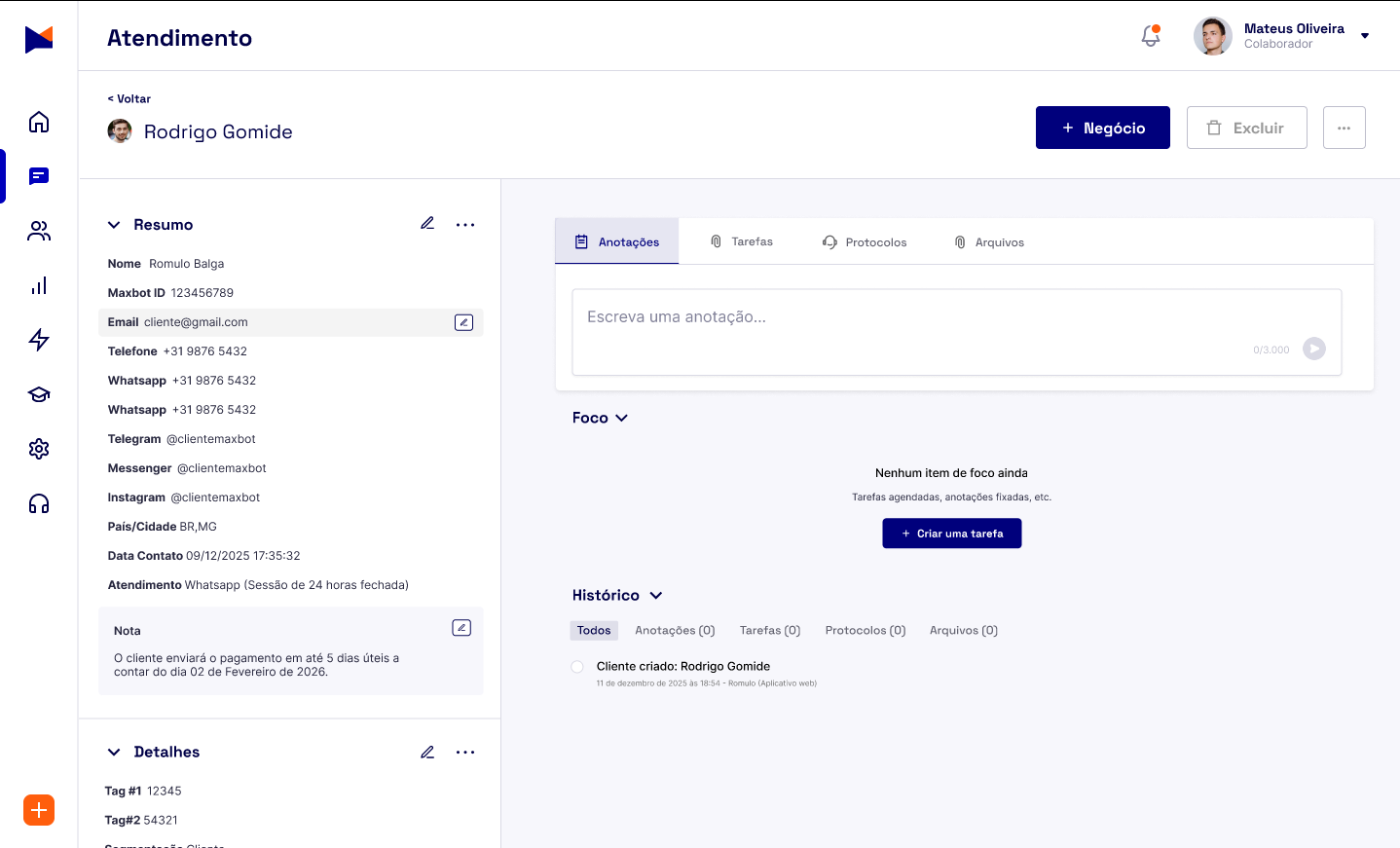 Ficha de contato CRM Maxbot