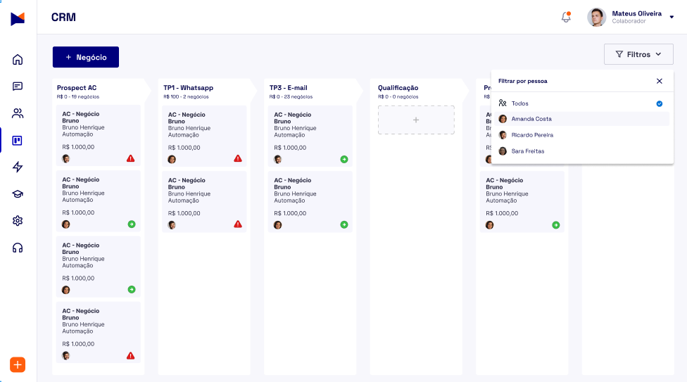 CRM Kanban Maxbot — pipelines de Vendas, Suporte e CS