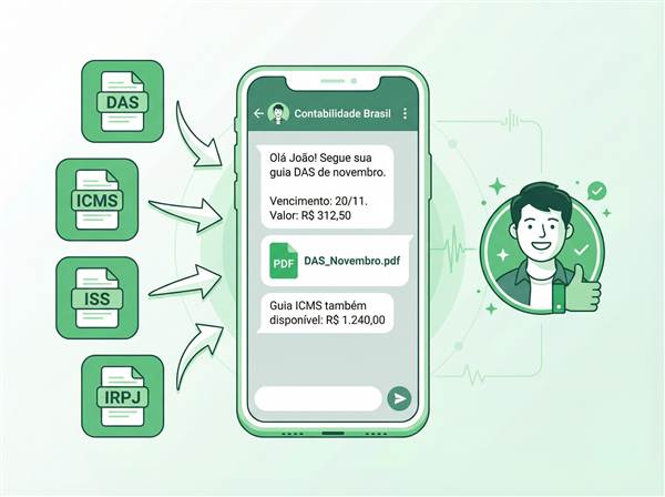 Envio automatizado de guias DAS, ICMS, ISS e IRPJ via WhatsApp para clientes do escritório contábil