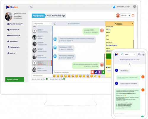 Imagem ilustrativa do chat maxbot, ambiente de atendimento nas versões desktop e mobile